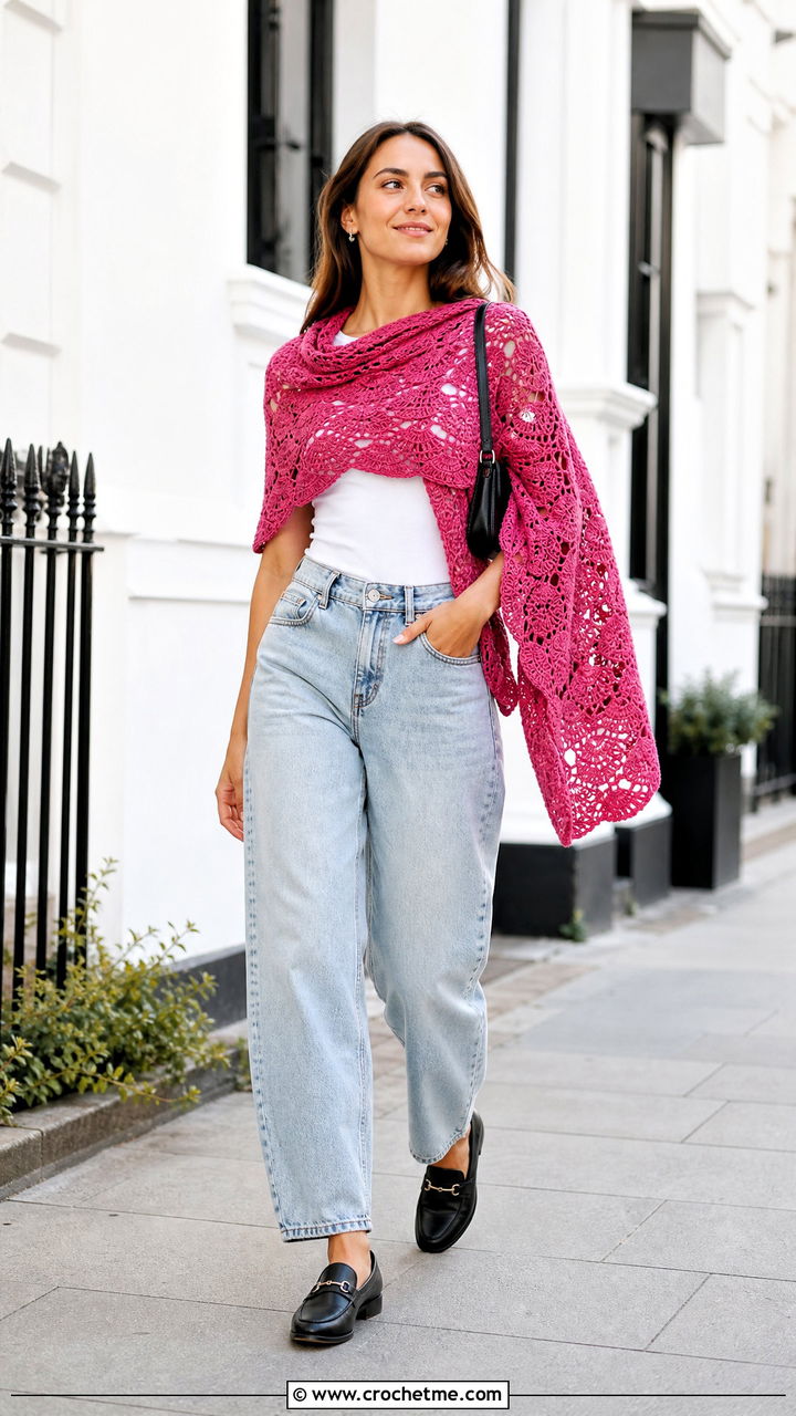 Fan Stitch Lacy Crochet Shawl With Barrel Jeans - 35 lacy crochet shawl outfit ideas