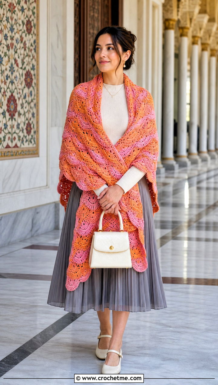 Fan Stitch Mandala Yarn Crochet Shawl With Pleated Skirt - 20 Mandala Yarn Crochet Shawl outfit ideas