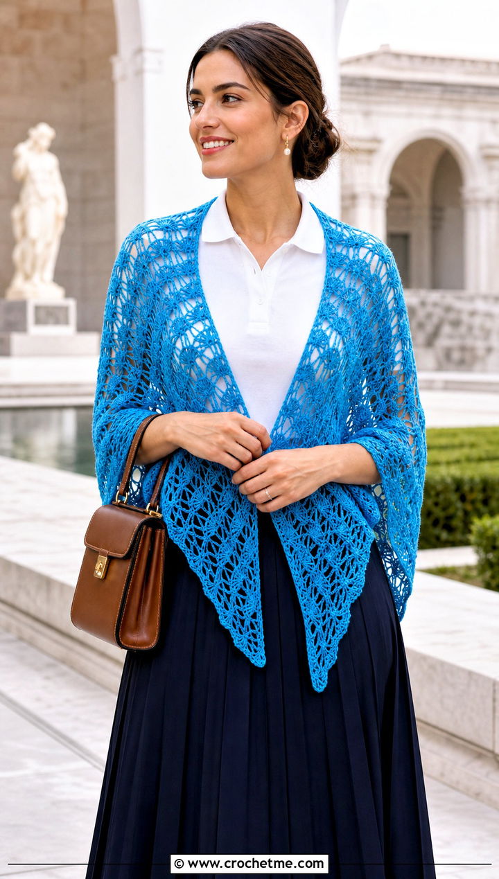 Fan Stitch Mesh Triangle Shawl With Pleated Skirt - 30 Crochet Mesh Triangle Shawl outfit ideas