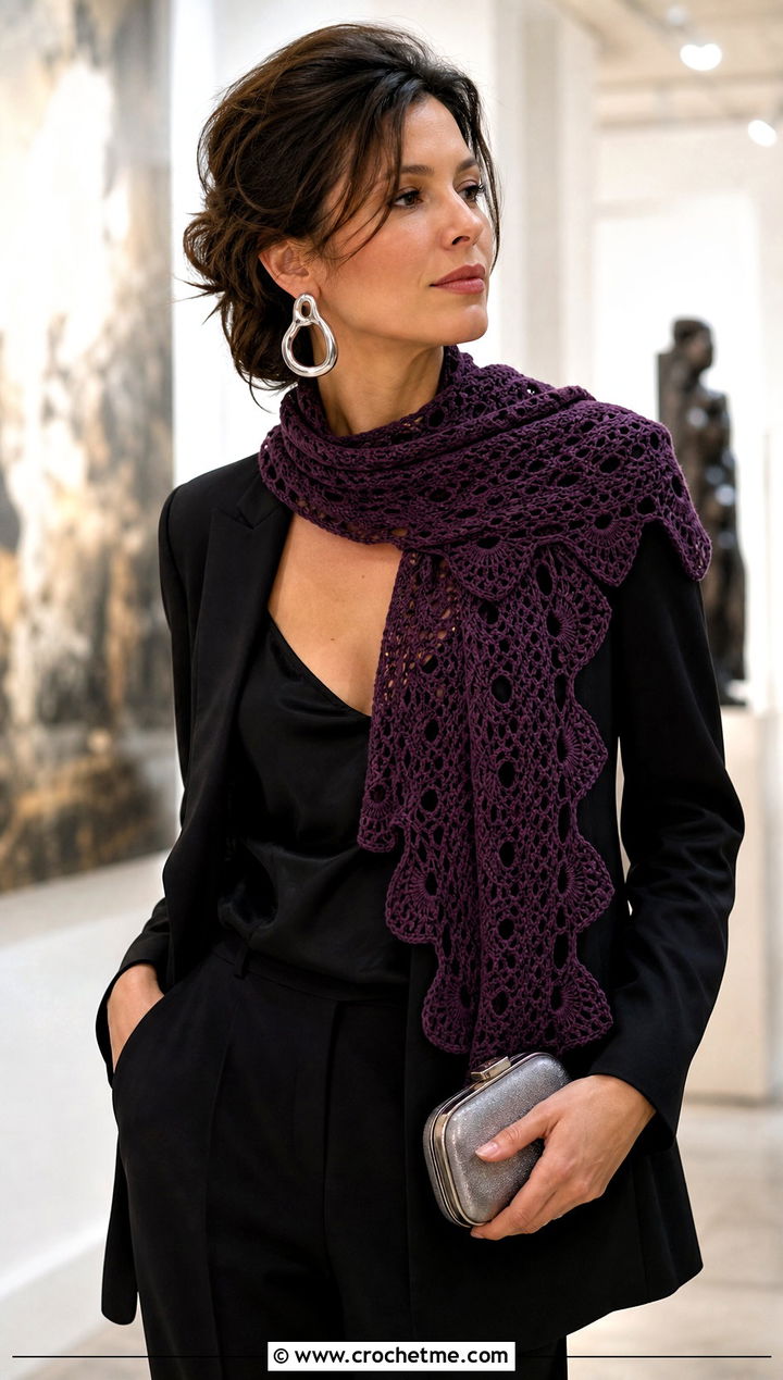 Fan Stitch Openwork Crochet Scarf With Evening Suit - 15 openwork crochet scarf outfit ideas