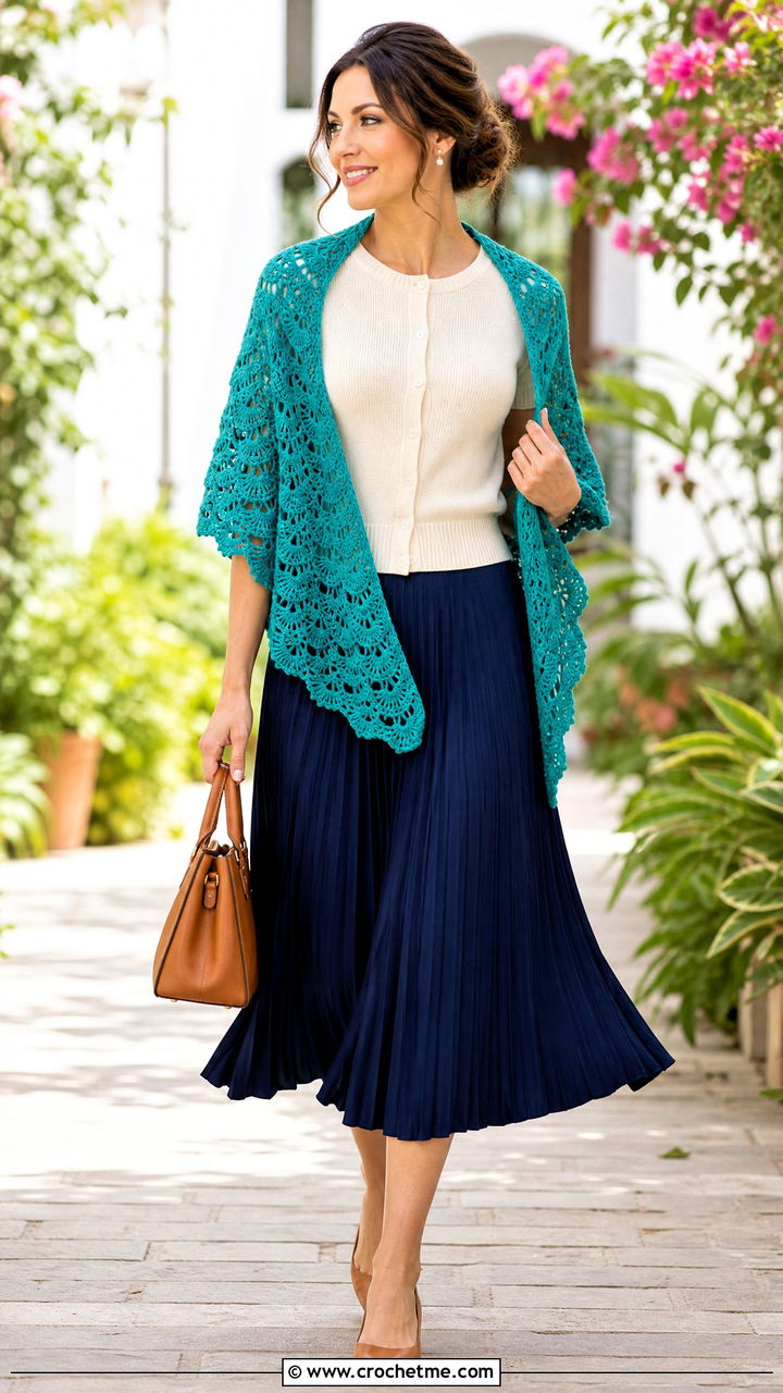 Fan Stitch Prayer Shawl With Pleated Midi Skirt - 35 crochet prayer shawl outfit ideas