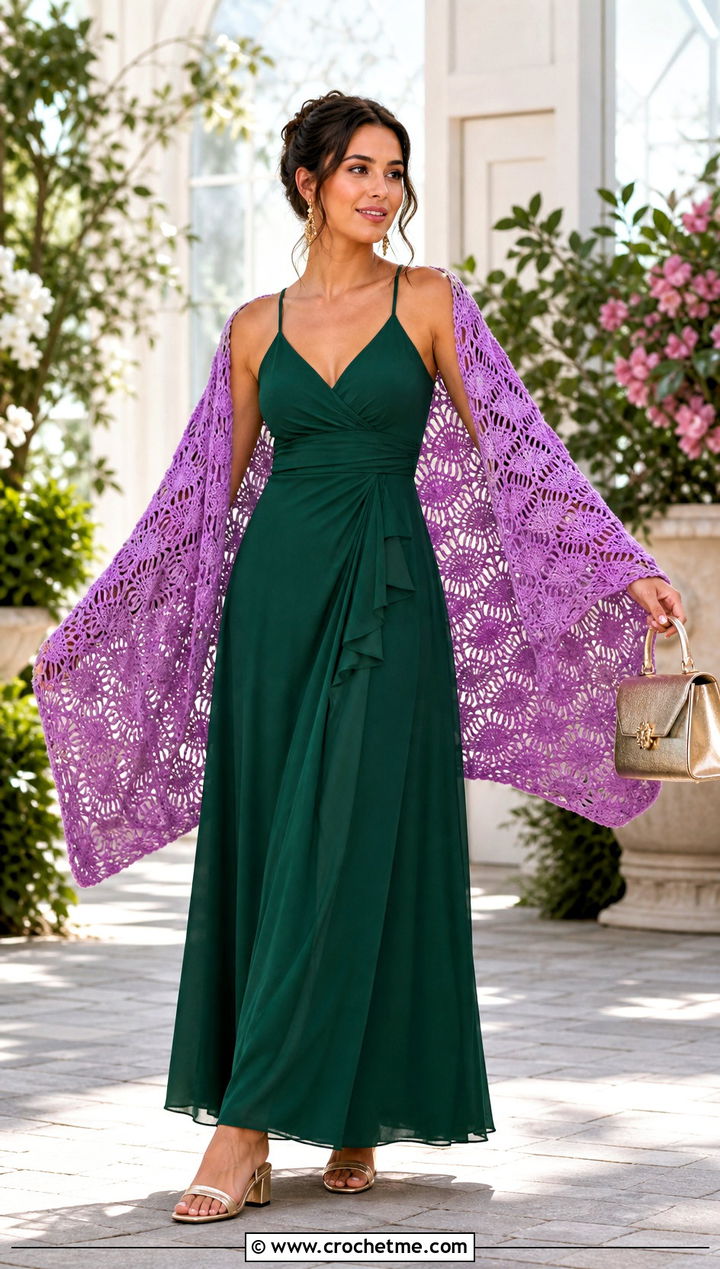 Fan Stitch Rectangle Crochet Shawl With Maxi Dress - 25 Easy Rectangle Crochet Shawl outfit ideas