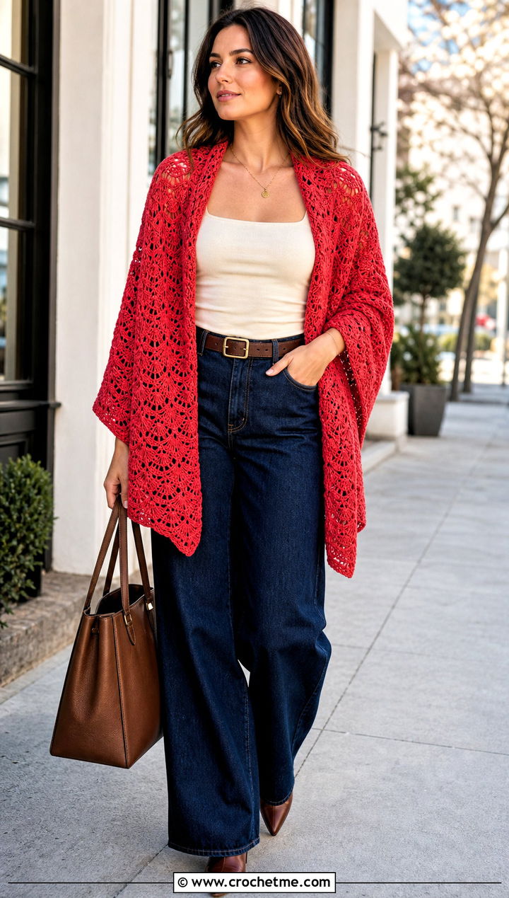 Fan Stitch Rectangular Crochet Shawl With Wide Leg Jeans - 30 rectangular crochet shawls outfit ideas