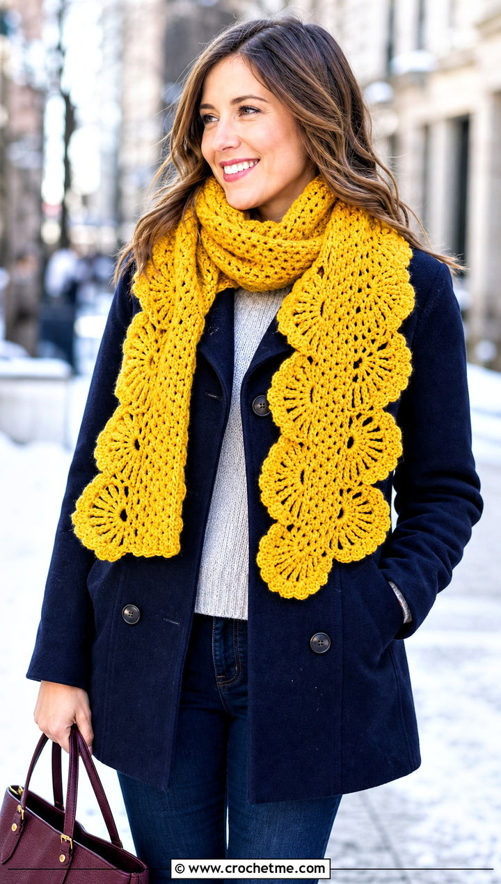 Fan Stitch Ruffle Scarf With Peacoat And Straight Jeans - 30 crochet ruffle scarf outfit ideas