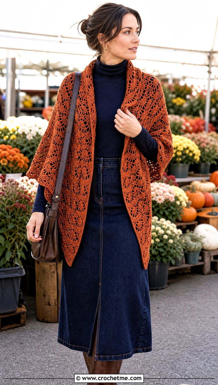 Fan Stitch Shawl With Denim Midi Skirt - 25 Crochet Shawl In A Cake outfit ideas