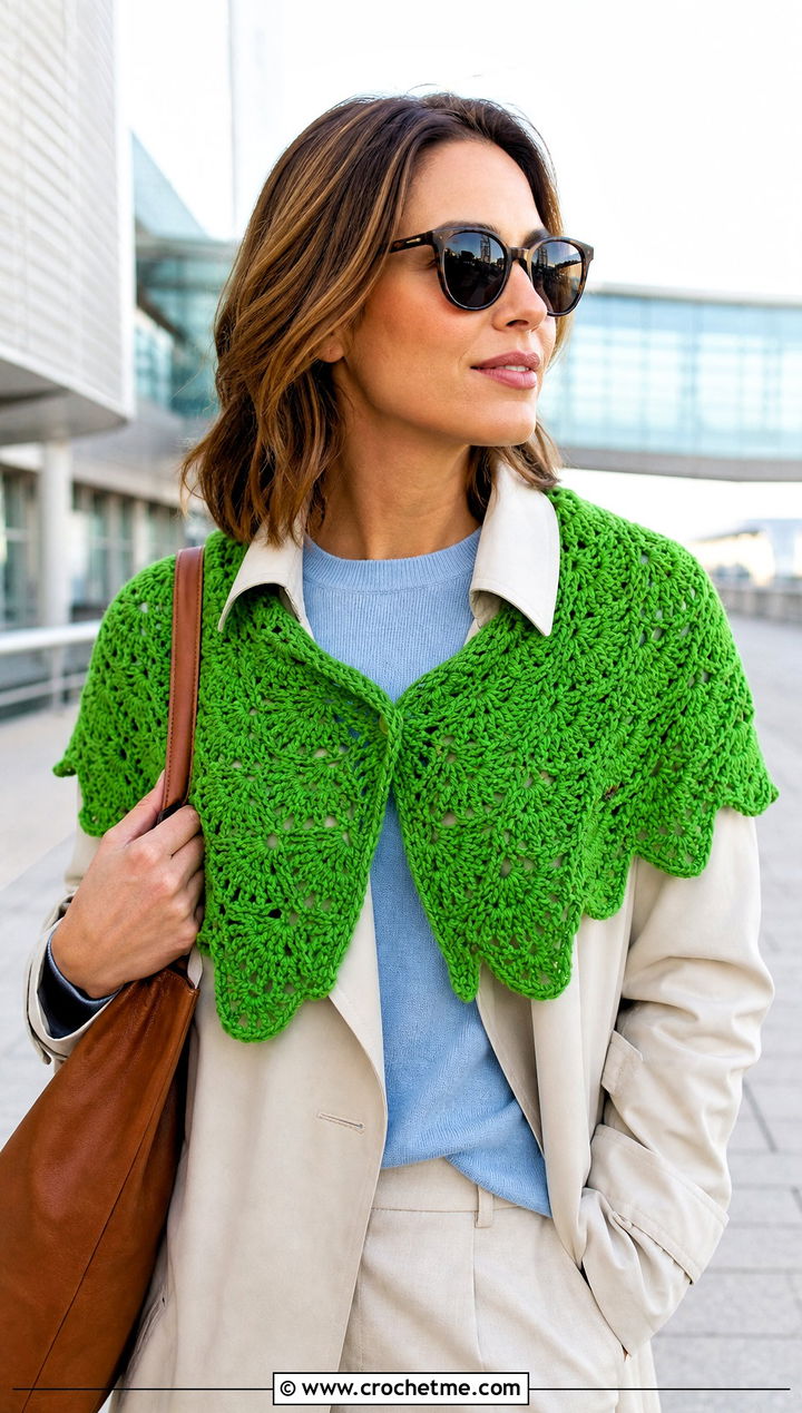 Fan Stitch Shawlette With Trench Coat - 20 Crochet Fan Stitch Shawl outfit ideas