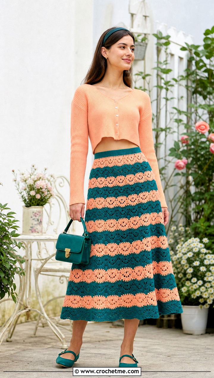 Fan Stitch Striped Crochet Skirt With Cropped Cardigan - 25 striped crochet skirt outfit ideas