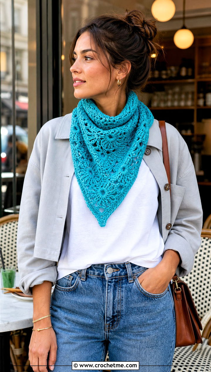Fan Stitch Triangle Crochet Scarf With T Shirt And Barrel Jeans - 15 One Skein Triangle Crochet Scarf outfit ideas