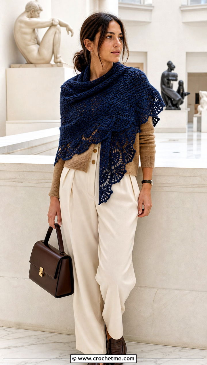 Fan Stitch Triangle Crochet Shawl With Cardigan And Pleated Pants - 35 triangle crochet shawl outfit ideas