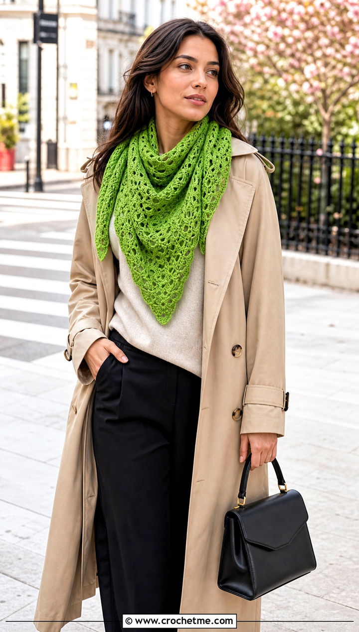 Fan Stitch Triangle Shawl With Trench Coat And Loafers - 25 Crochet Lacy Triangle Shawl outfit ideas