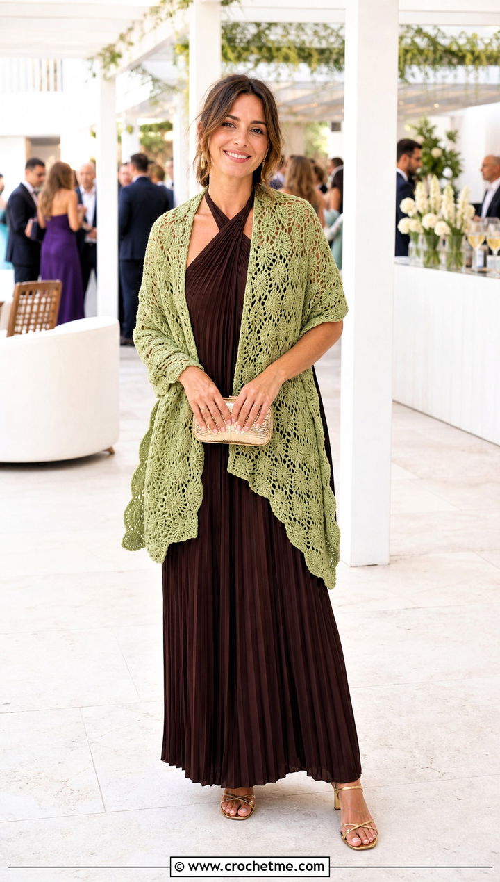 Fan Stitch Wedding Shawl With Pleated Maxi Dress - 35 crochet wedding shawl outfit ideas