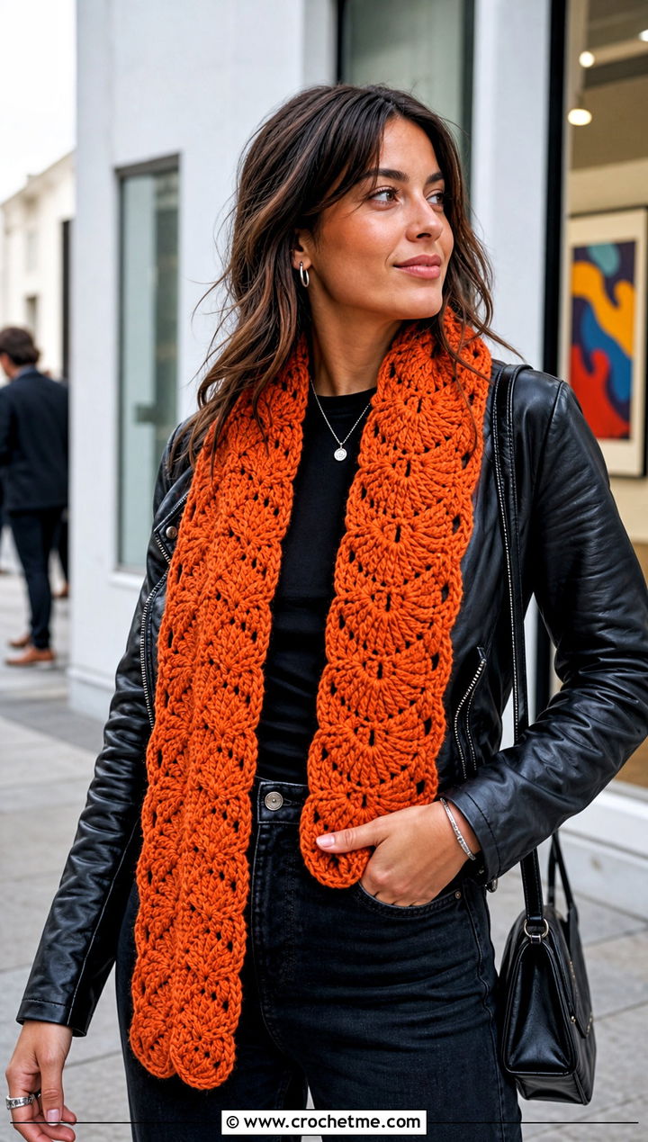Fantail Shell Crochet Scarf With Leather Jacket - 20 Shell Crochet Scarf outfit ideas