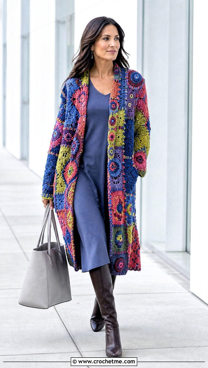 Fantasy Patchwork Crochet Coat With Midi Dress - 35 fantasy crochet clothes and outfit ideas