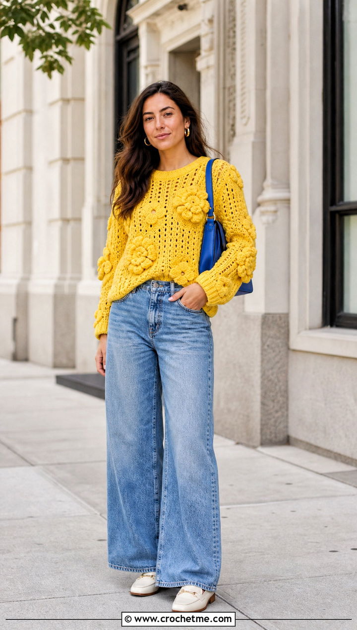 Farm Rio D Flower Crochet Sweater With Wide Leg Jeans - 15 farm rio crochet sweater outfit ideas