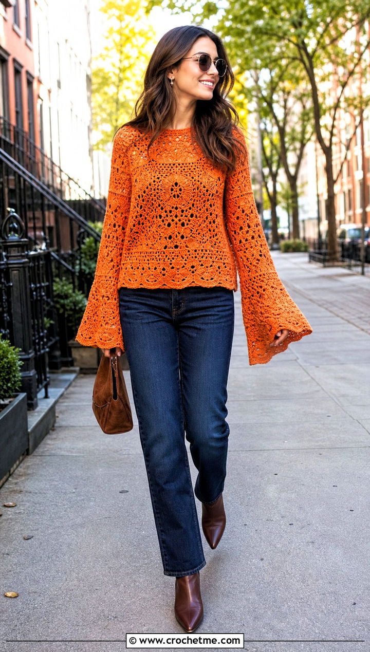 Farm Rio Bell Sleeve Crochet Sweater With Straight Leg Jeans - 15 farm rio crochet sweater outfit ideas