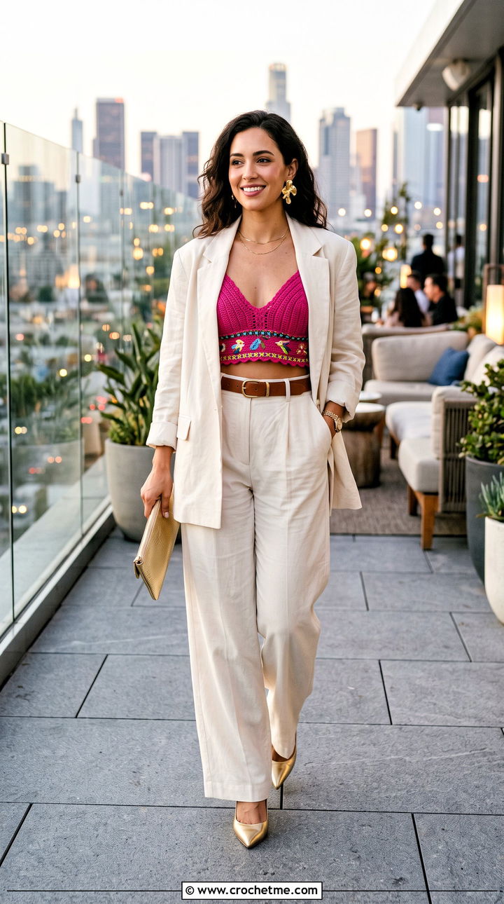 Farm Rio Crochet Bralette Top With Oversized Suit - 15 Farm Rio Crochet Top outfit ideas