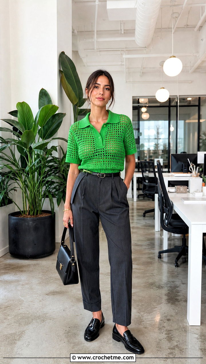 Farm Rio Crochet Polo Shirt With Pleated Trousers - 15 Farm Rio Crochet Top outfit ideas
