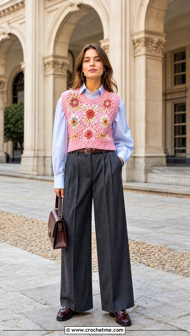Farm Rio Crochet Sweater Vest With Poplin Shirt And Pleated Trousers - 15 farm rio crochet sweater outfit ideas