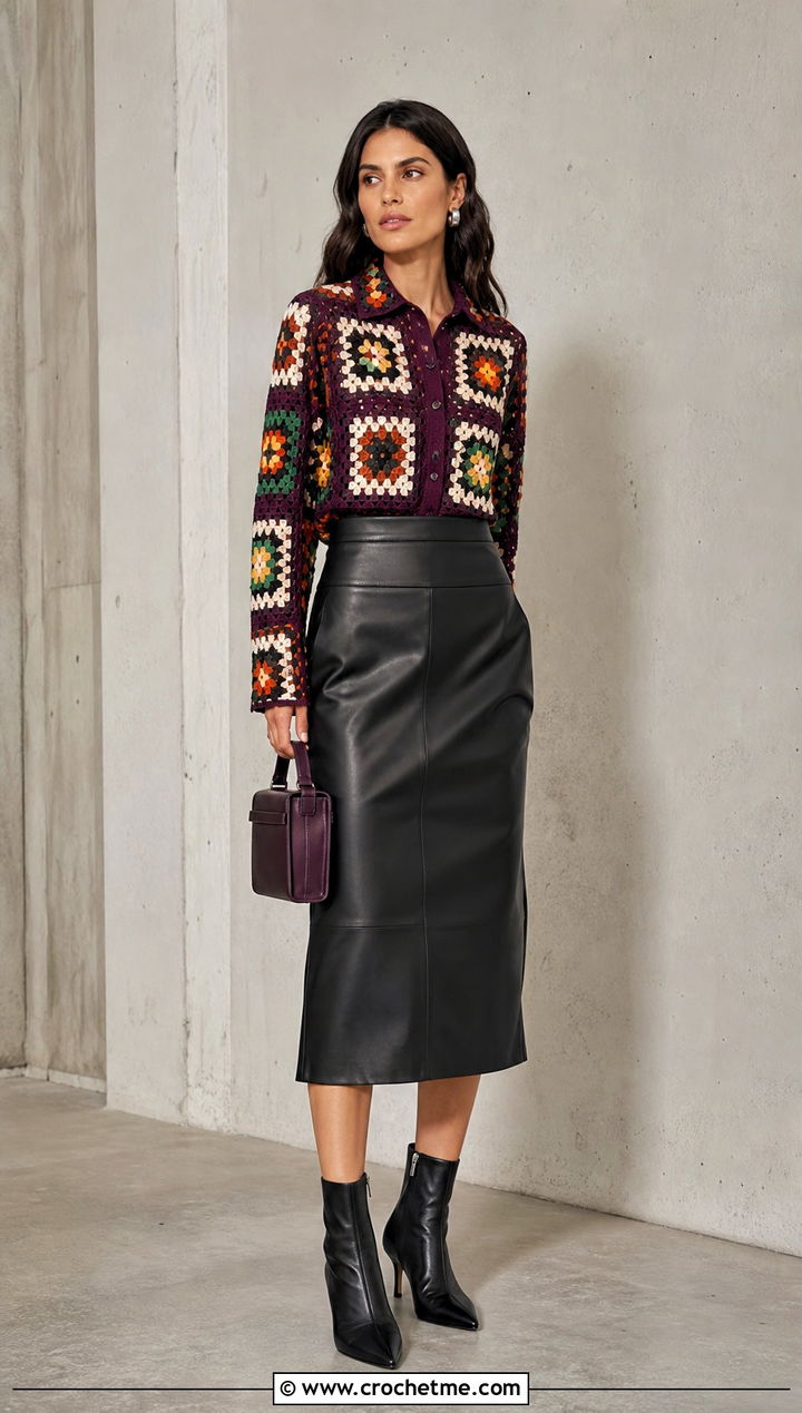 Farm Rio Crochet Tile Shirt With Leather Midi Skirt - 15 Farm Rio Crochet Top outfit ideas