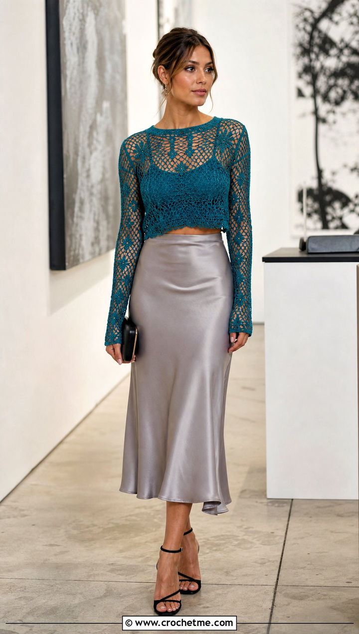 Farm Rio Cropped Openwork Crochet Sweater With Satin Midi Skirt - 15 farm rio crochet sweater outfit ideas