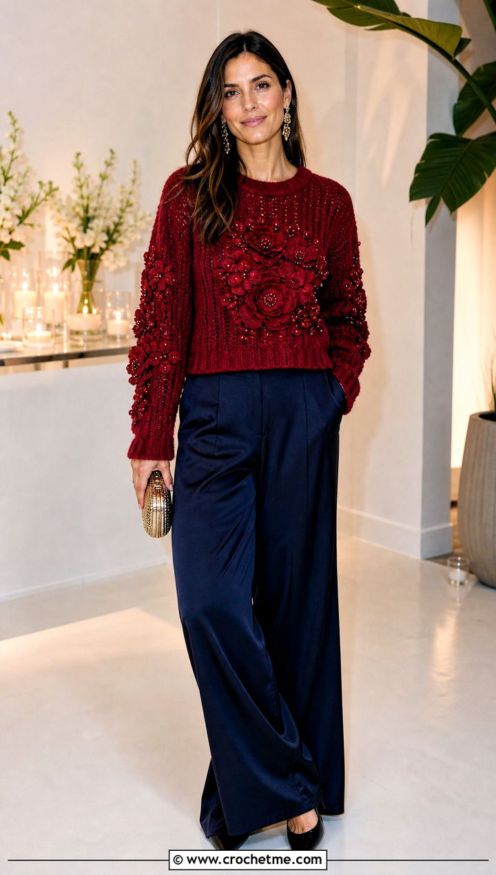 Farm Rio Embellished Crochet Sweater With Satin Trousers - 15 farm rio crochet sweater outfit ideas