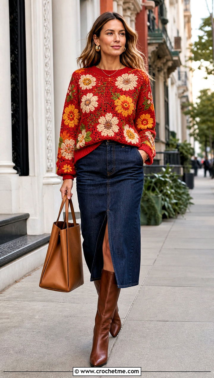 Farm Rio Floral Crochet Crewneck Sweater With Denim Midi Skirt - 15 farm rio crochet sweater outfit ideas