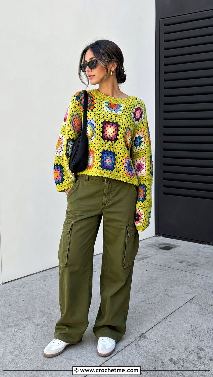 Farm Rio Granny Square Crochet Sweater With Cargo Pants - 15 farm rio crochet sweater outfit ideas
