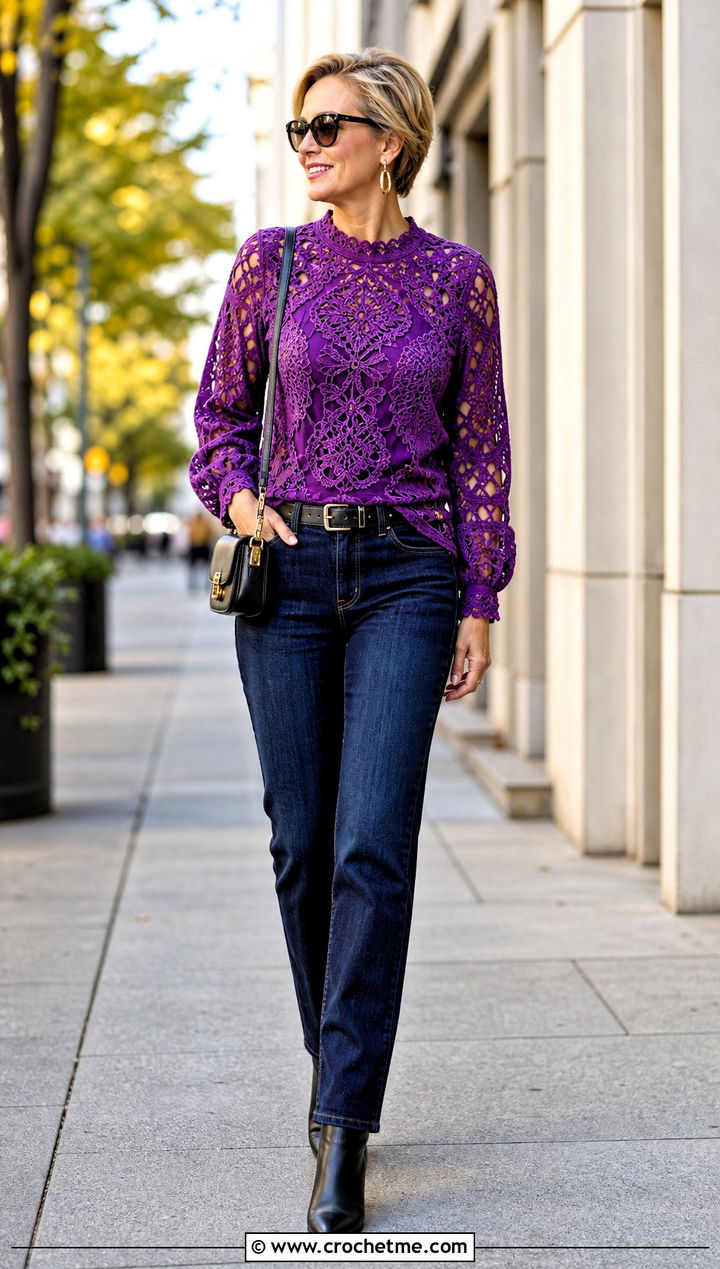 Farm Rio Long Sleeve Crochet Blouse With Straight Leg Jeans - 15 Farm Rio Crochet Top outfit ideas