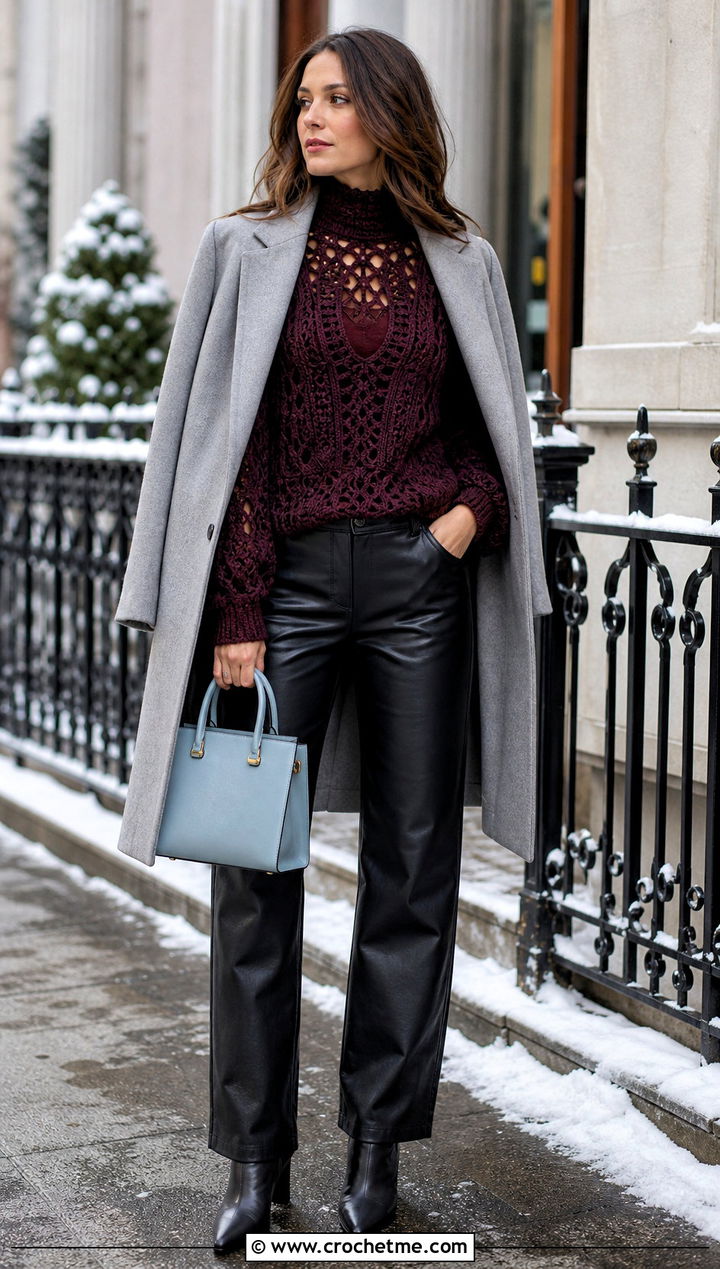 Farm Rio Mock Neck Crochet Sweater With Leather Trousers - 15 farm rio crochet sweater outfit ideas