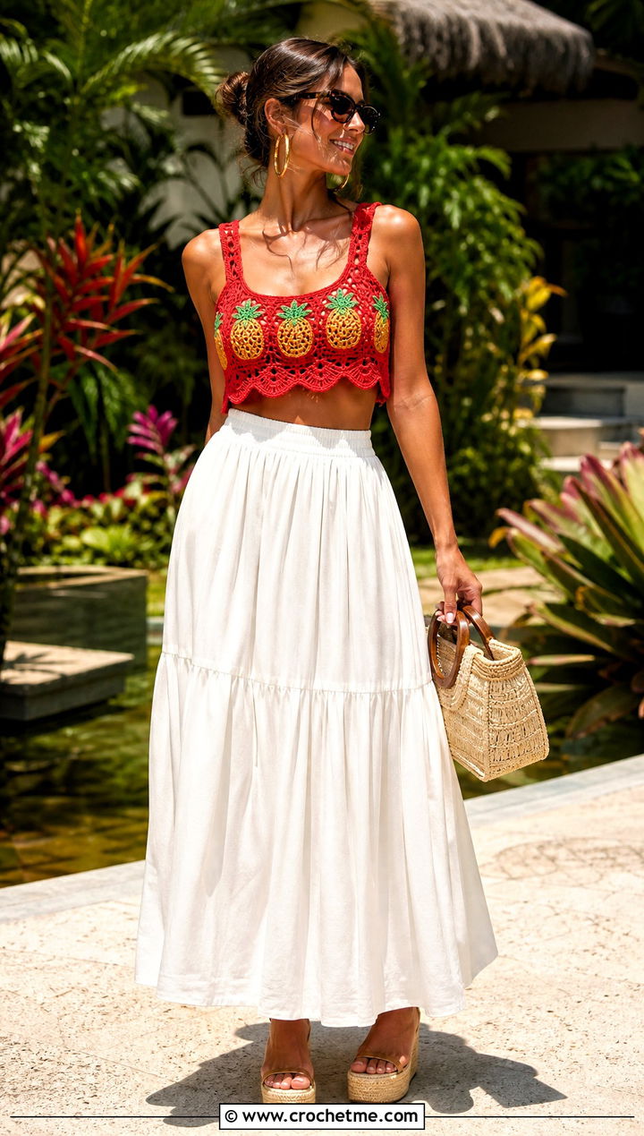 Farm Rio Pineapple Crochet Top With White Maxi Skirt - 15 Farm Rio Crochet Top outfit ideas