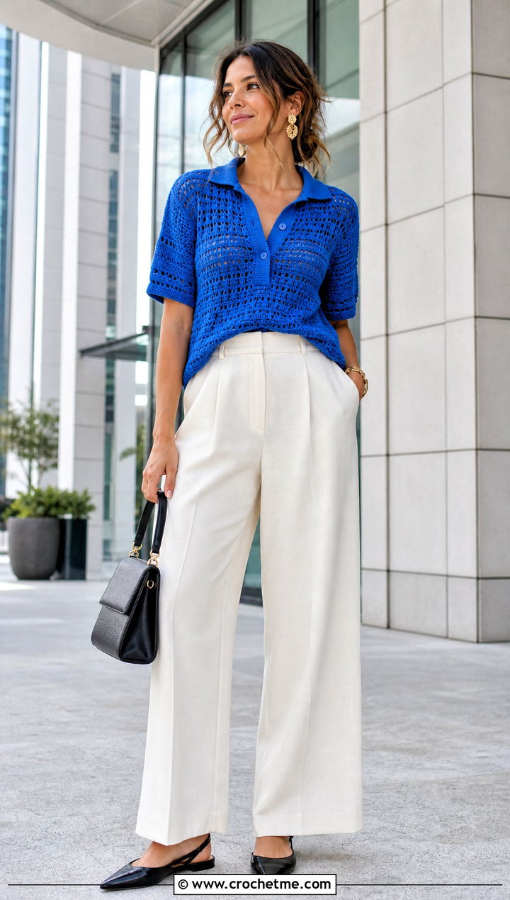 Farm Rio Polo Crochet Sweater With Tailored Trousers - 15 farm rio crochet sweater outfit ideas
