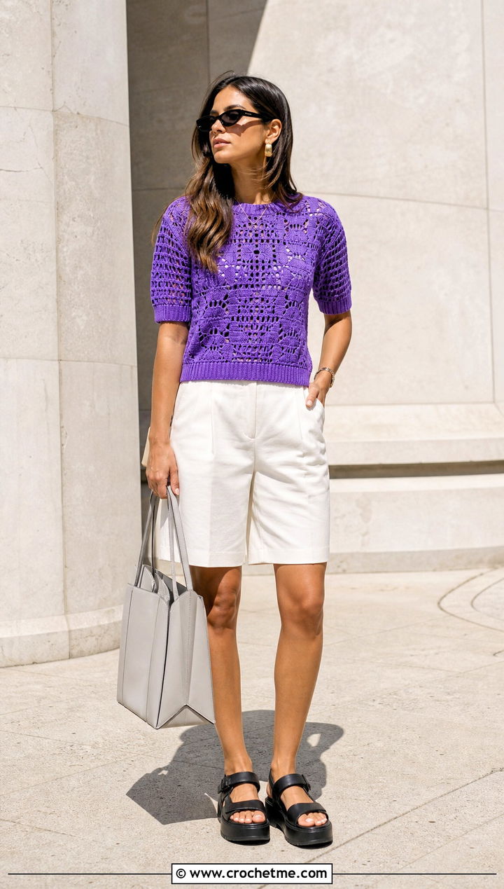 Farm Rio Short Sleeve Crochet Sweater With Bermuda Shorts - 15 farm rio crochet sweater outfit ideas