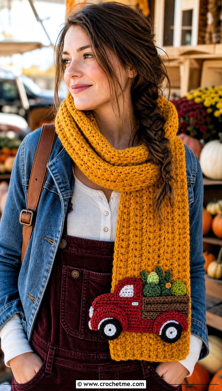 Farm Truck Crochet Scarf With Corduroy Outfit - 20 Crochet Truck Scarf outfit ideas