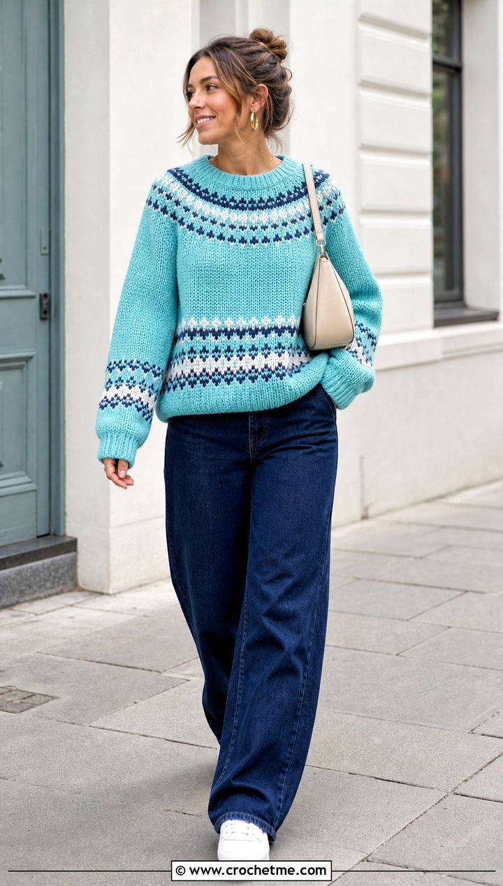 Faroese Banded Nordic Crochet Sweater With Wide Leg Jeans - 25 nordic crochet sweater outfit ideas