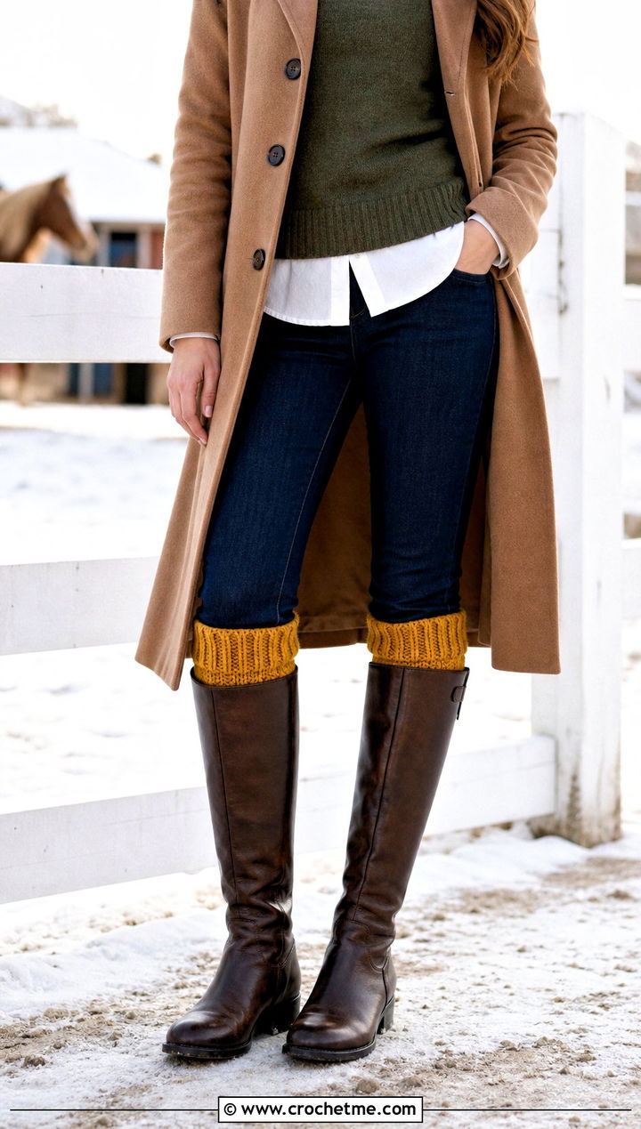 Faux Boot Cuff Crochet Leg Warmers With Riding Boots - 30 aesthetic crochet leg warmers outfit ideas