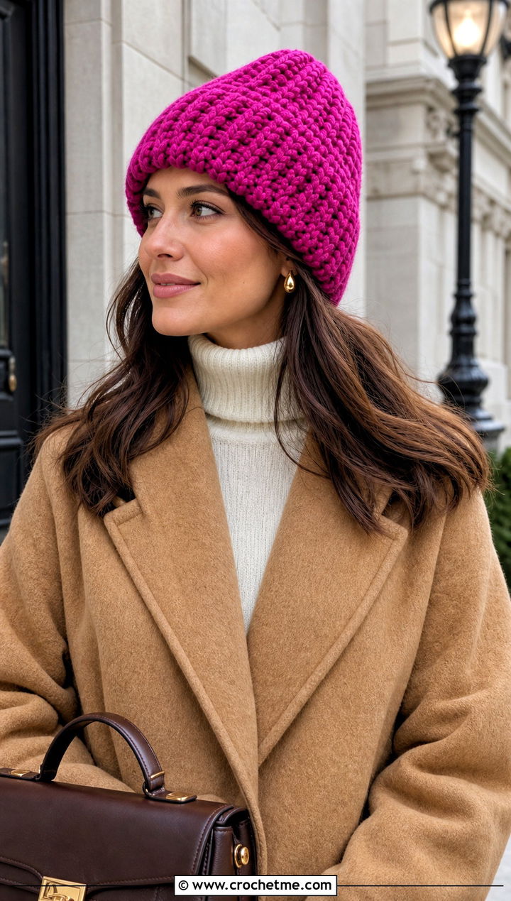 Faux Brioche Short Row Hat With Wool Coat - 25 Crochet Short Rows Hat outfit ideas