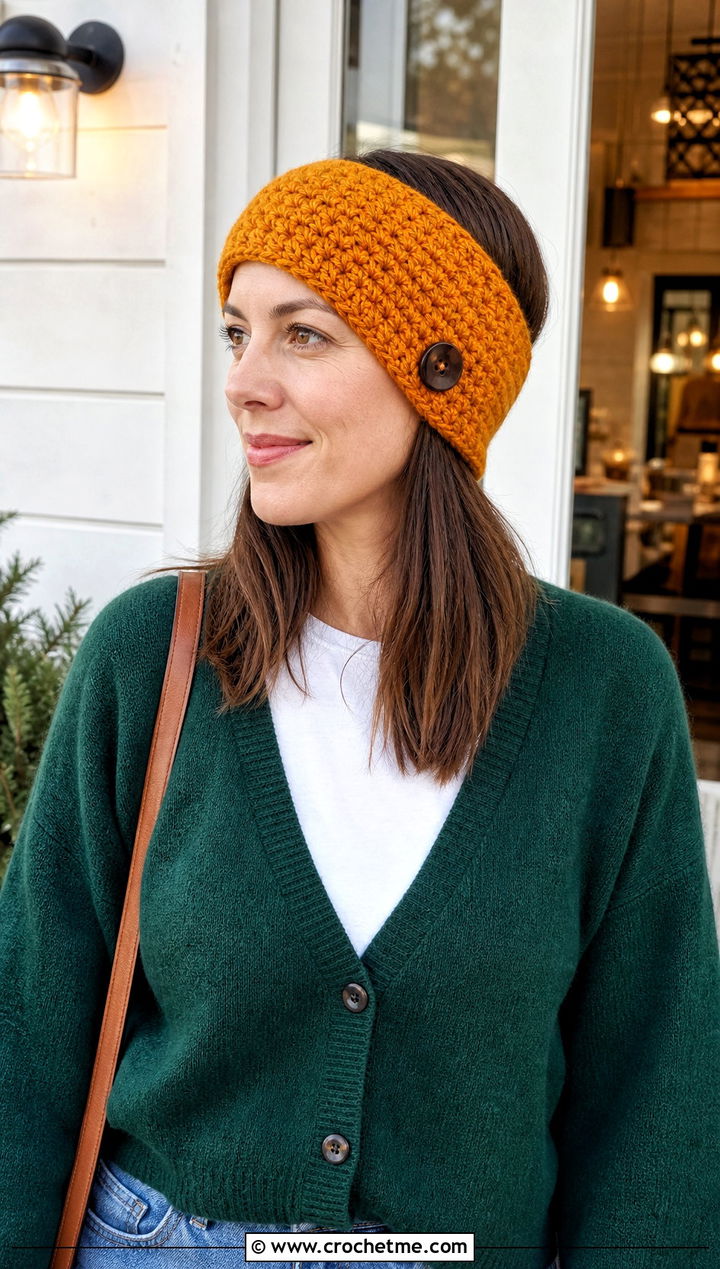 Faux Button Tunisian Crochet Ear Warmer With Cardigan - 30 Tunisian Crochet Ear Warmer outfit ideas