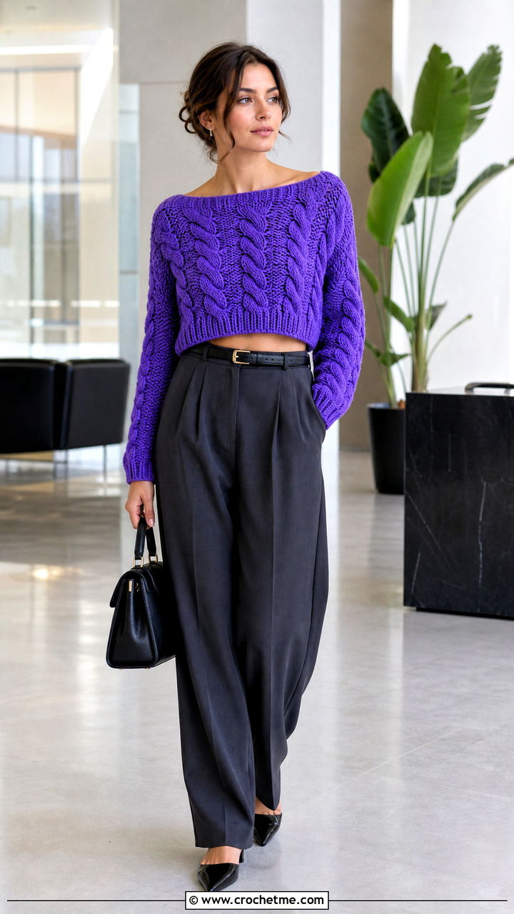Faux Cable Boat Neck Crochet Crop Sweater With Tailored Trousers - 35 crochet crop sweater outfit ideas