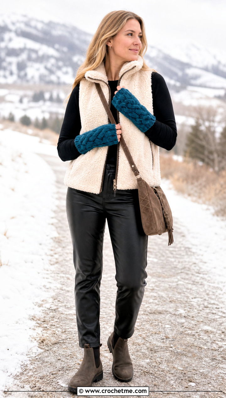 Faux Cable Chunky Crochet Fingerless Gloves With Shearling Vest - 30 chunky yarn crochet fingerless gloves outfit ideas