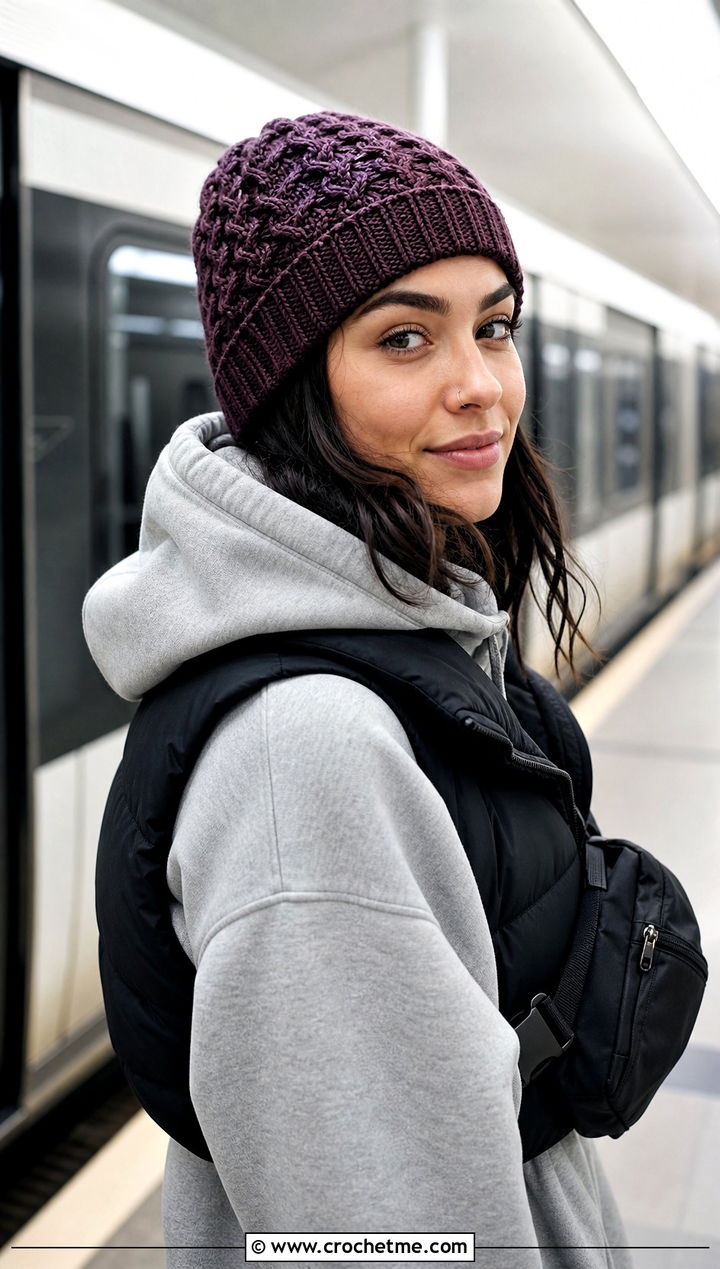 Faux Cable Crochet Beanie With Hoodie And Cargo Pants - 25 crochet cable beanie outfit ideas