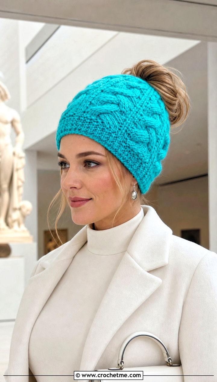 Faux Cable Crochet Bun Hat With Monochrome Layers - 15 Crochet Bun Hats outfit ideas