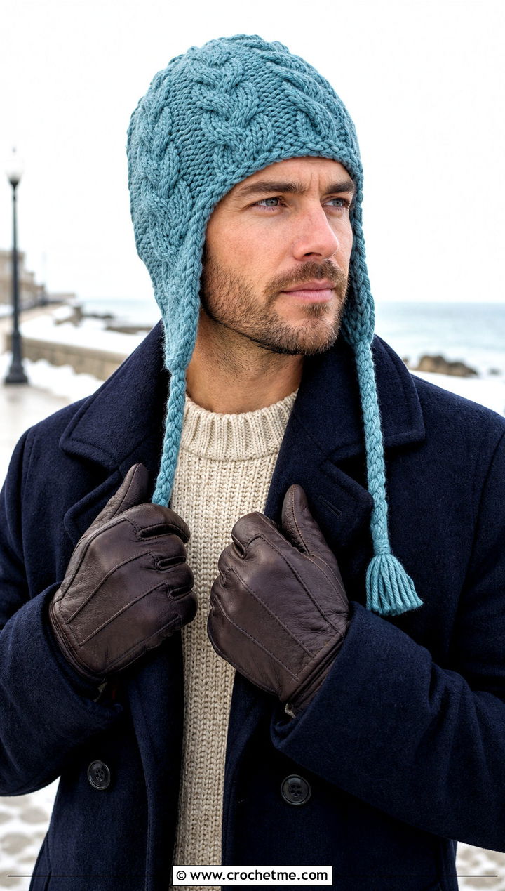 Faux Cable Crochet Earflap Hat With Peacoat - 20 Mens Crochet Earflap Hat outfit ideas