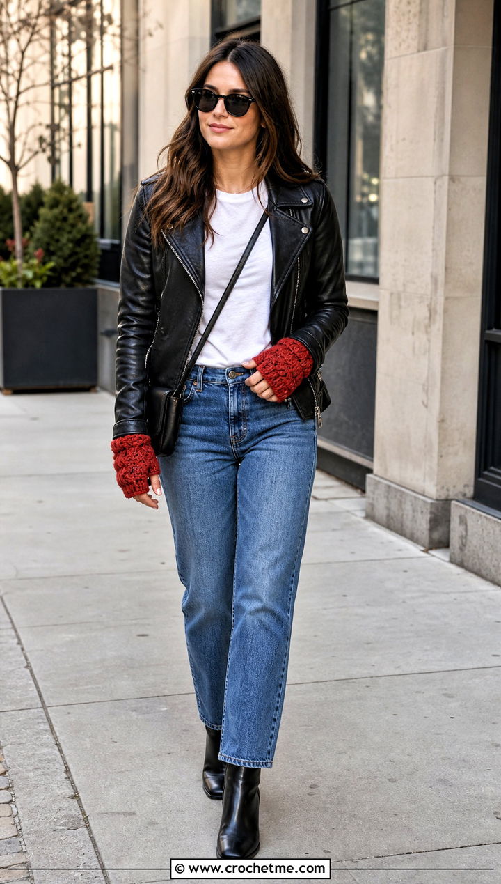 Faux Cable Crochet Wrist Warmers With Leather Jacket - 35 crochet wrist warmers outfit ideas