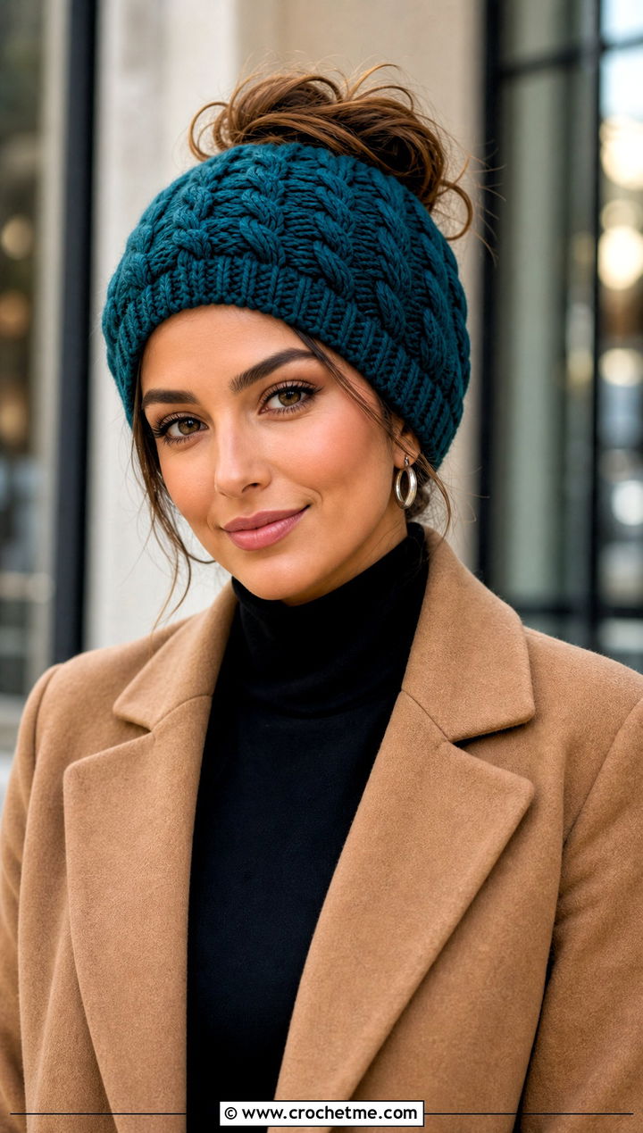 Faux Cable Messy Bun Crochet Hat With Wool Coat - 25 messy bun crochet hat with hair tie outfit ideas
