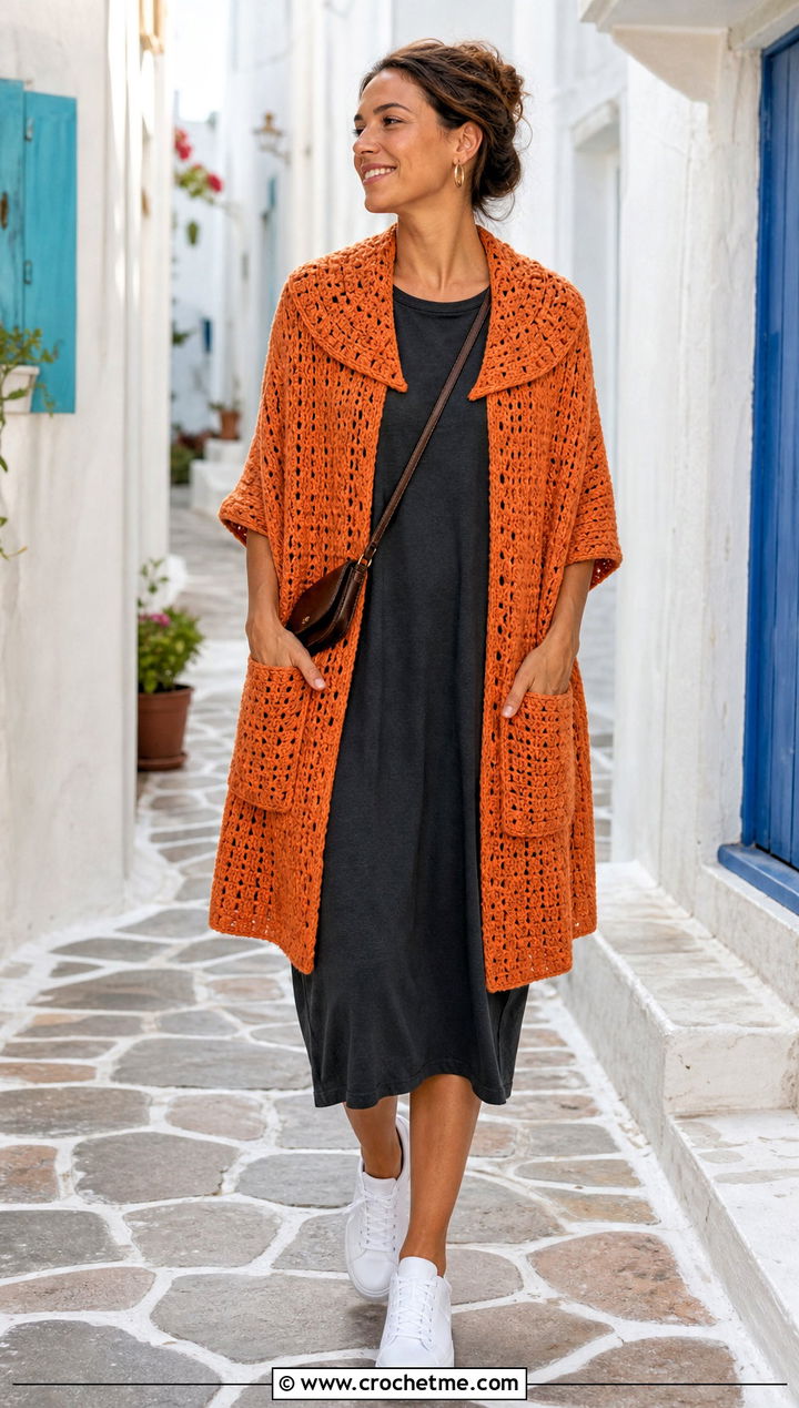 Faux Collar Pocket Shawl With T Shirt Dress - 35 crochet wrap with pockets outfit ideas