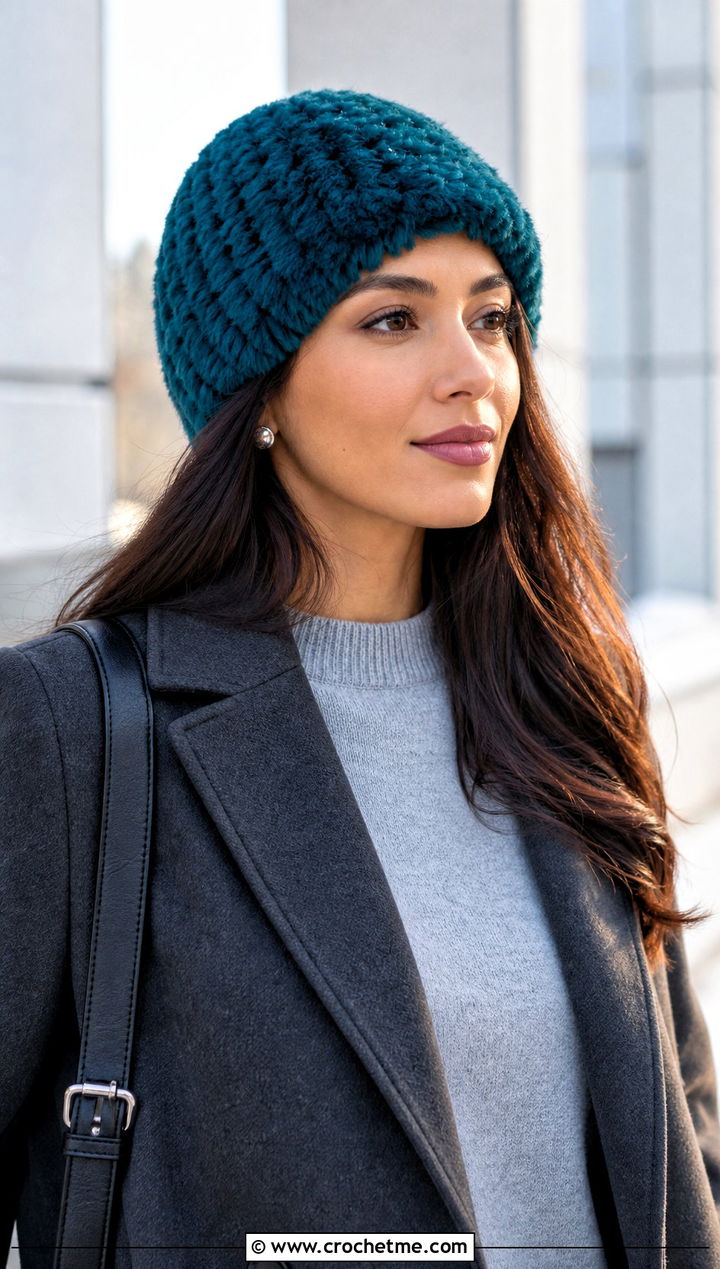 Faux Fur Crochet Beanie With Tailored Coat - 25 faux fur crochet hat outfit ideas