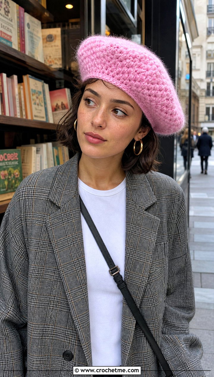 Faux Fur Crochet Beret With Blazer And Jeans - 25 faux fur crochet hat outfit ideas