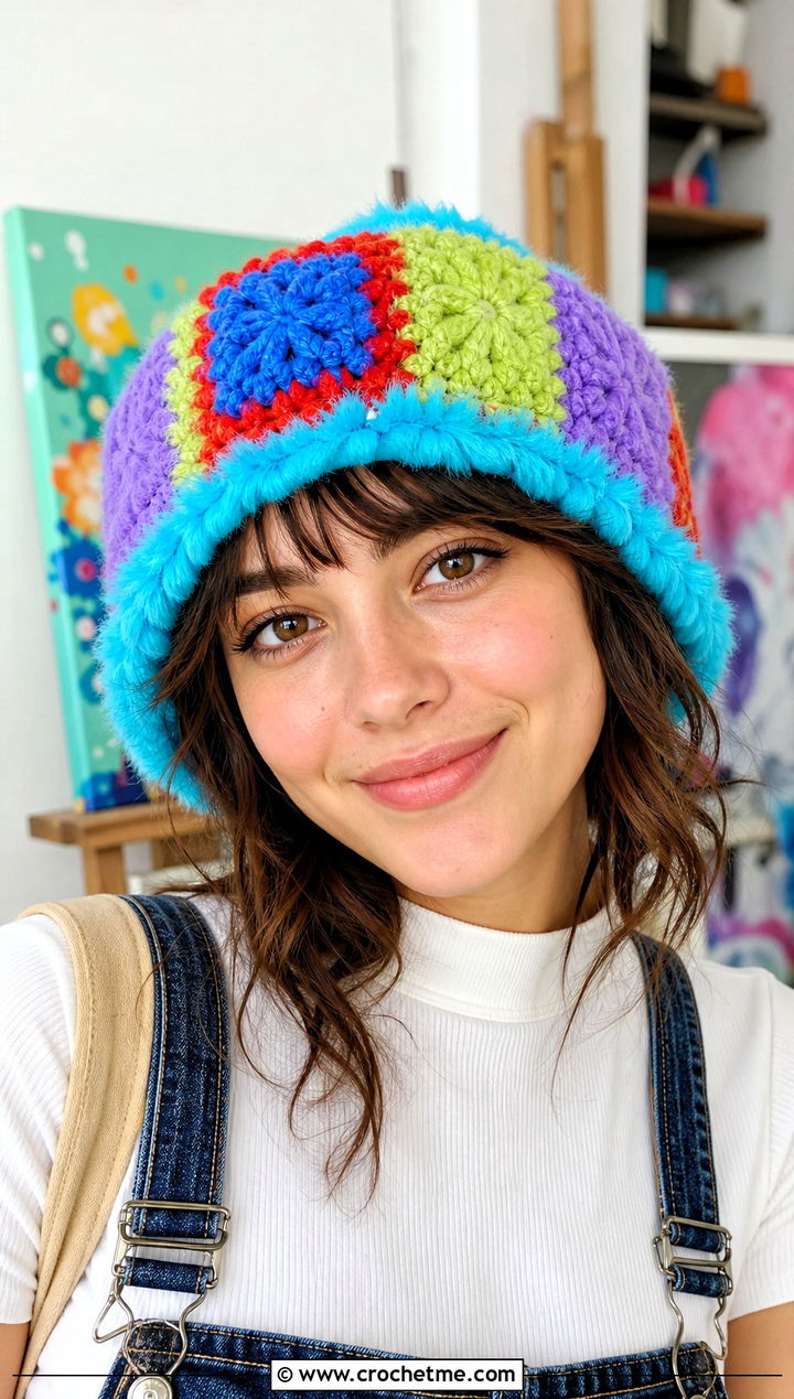 Faux Fur Crochet Granny Square Hat With Overalls - 25 faux fur crochet hat outfit ideas