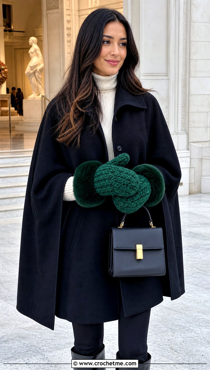 Faux Fur Cuff Bulky Crochet Mittens With Cape Coat - 20 Crochet Mittens Bulky Yarn outfit ideas