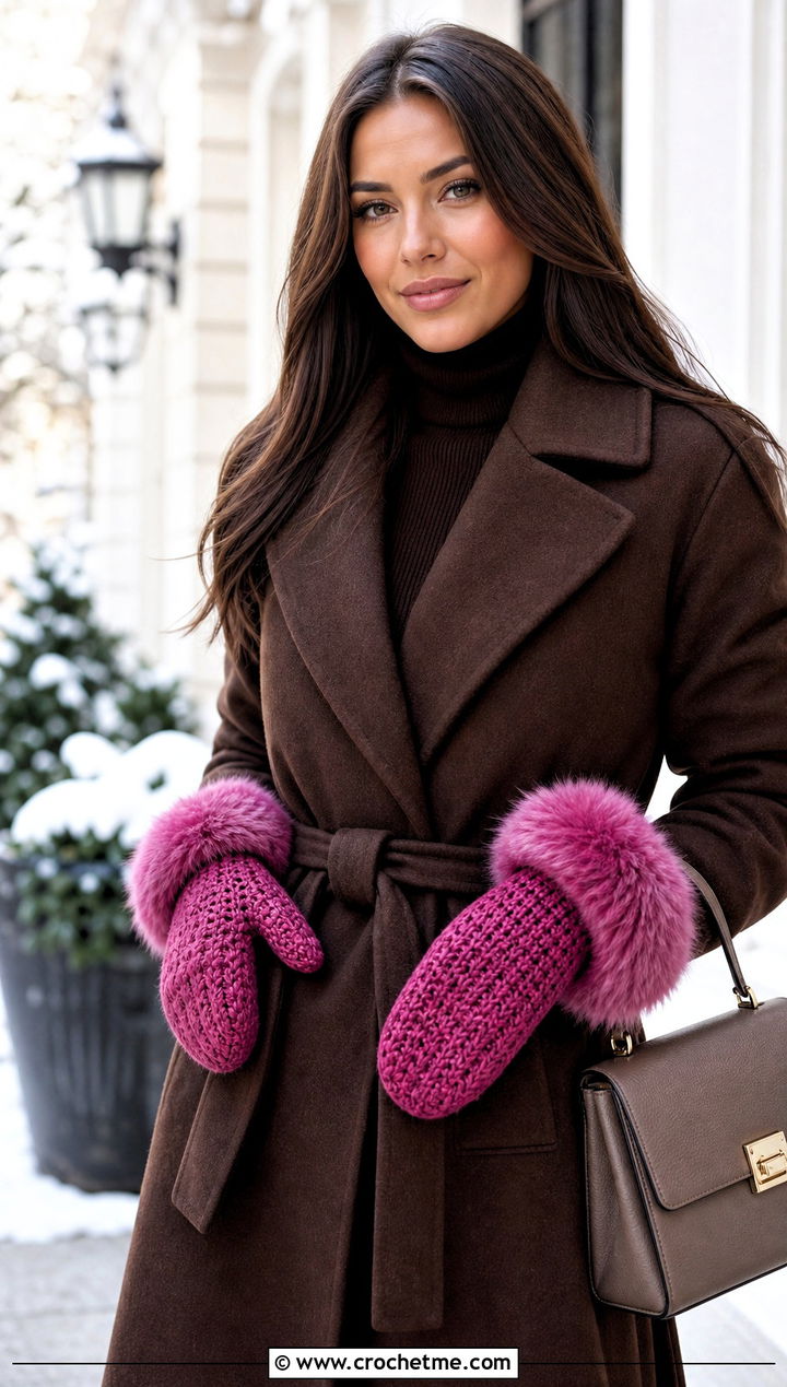 Faux Fur Cuff Crochet Mittens With Belted Coat - 25 cute crochet mittens outfit ideas